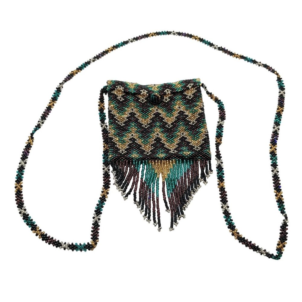 Beaded Bag Medicine Pouch Boho Hand Made Beautiful Pattern Purple Green Gold